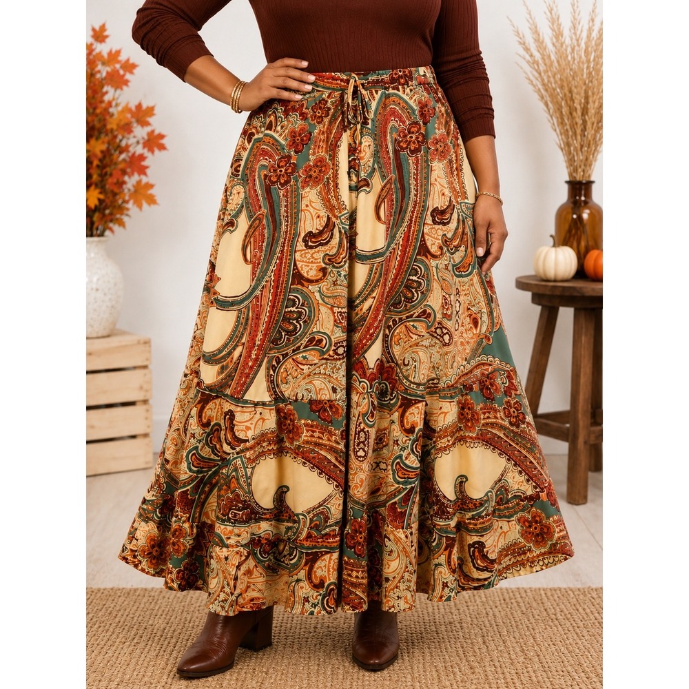 X3 154 Plus Size 3XL Paisley Maxi Skirt Boho Tiered Fall Cottagecore Floral